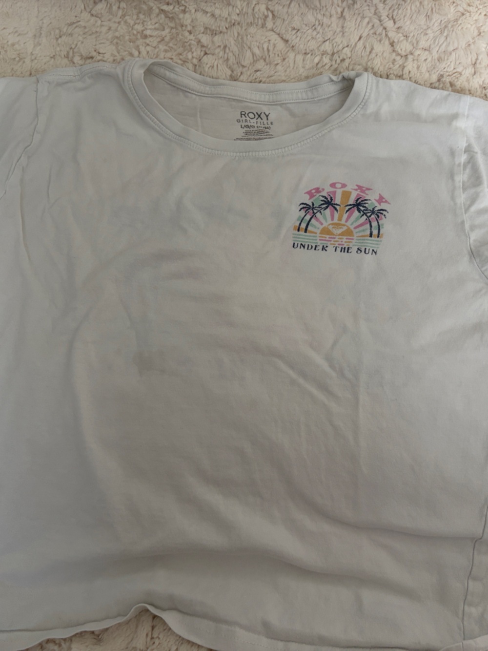 Roxy White Tee with Colorful Palm & Sun Graphic